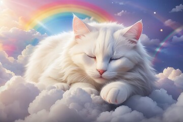  sleeping white cute cat above the clouds rainbow 