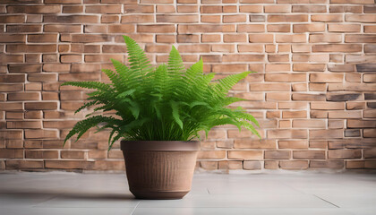 Beautiful potted ferns or Green Lady houseplant on floor by brick wall in living room