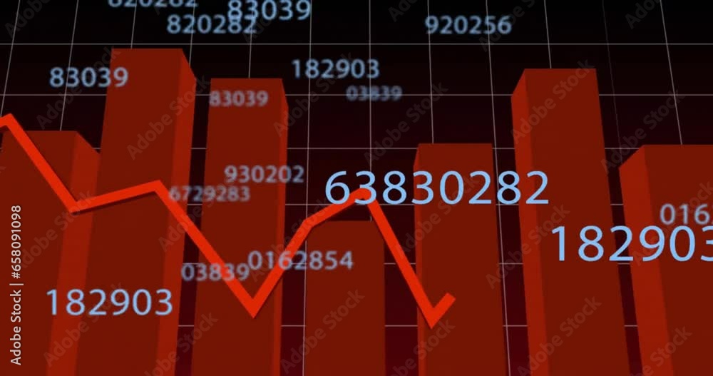 Poster animation of changing numbers with graphs on grid pattern over black background