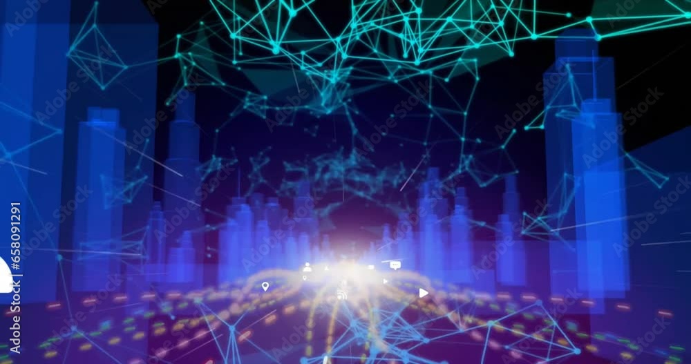 Poster animation of icons, abstract pattern and connected dots with 3d city model over black background
