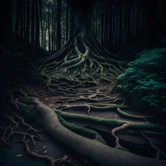 a haunted japanese forest with twsited tree roots covering tthe ground 200mm lens cinematograph  - obrazy, fototapety, plakaty