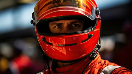 Zelfklevend Fotobehang Motor sports competitive racing. Confident F1 driver, pilot of sport car, bolide wearing helmet. Generative AI illustration. Concept of competition, road, race, rally, speed, extreme, auto. © Lustre