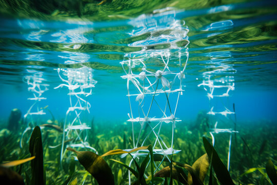 An underwater shot of 3D printed structures aiding the regrowth of seagrass capturing hope for marine restoration 