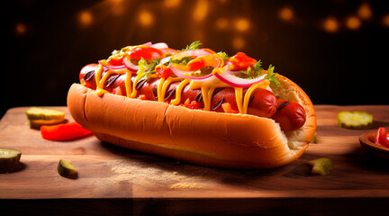 the best hot dog in the world, on a wooden table. soft light