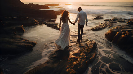 A man and a woman in love got married and walk along the ocean