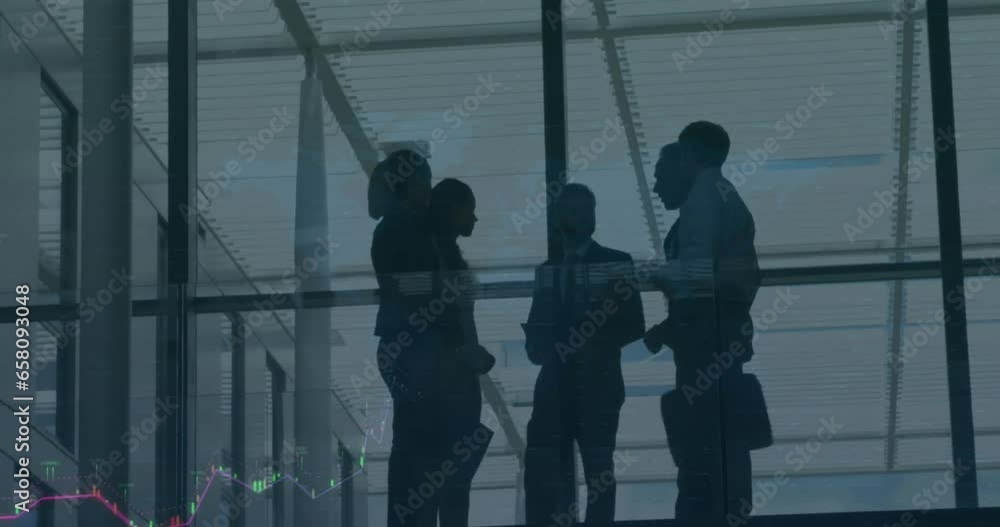 Poster animation of graphs with changing numbers, silhouette of diverse coworkers discussing in office