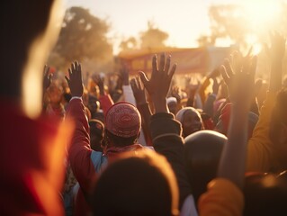 Human rights day. Background with group of people rising hands - obrazy, fototapety, plakaty