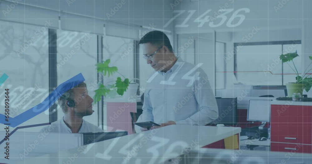 Poster animation of multiple graphs and changing numbers over diverse coworkers discussing in office