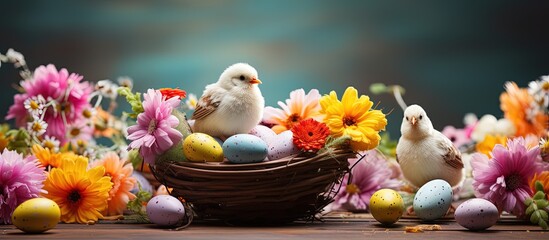 Easter themed table adorned with handmade origami eggs chicks flowers and decorations