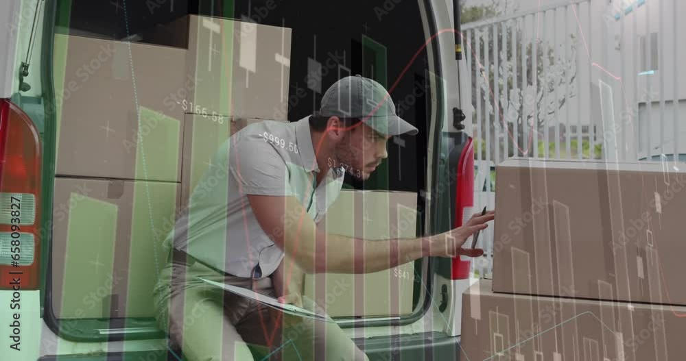 Poster animation of multiple graphs over caucasian man writing down cardboard box details on notepad