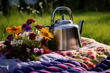 teapot surrounded by wildflowers on a soft wool picnic blanket