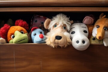 close-up shot of stuffed animals peeking from a wooden drawer