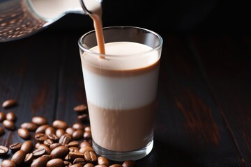 close-up of almond milk stirring in coffee