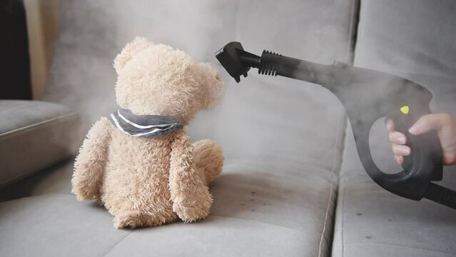 Cleaning a teddy bear with hot steam with a steam generator. Treating soft toys from house dust mites
