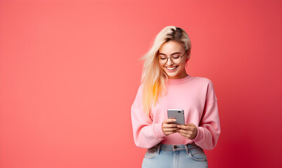 jeune femme souriante qui regarde son smartphone sur un fond uni