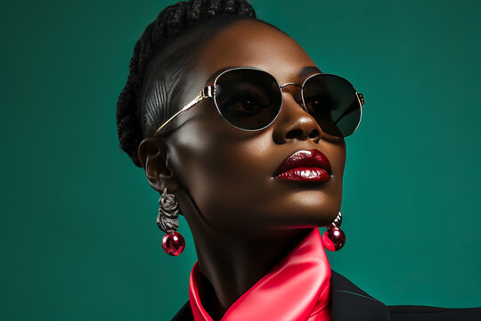 Vibrant portrait featuring a glossy, black-skinned model with pink glasses on a saturated green background.