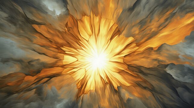 Radiant Resolve: Golden sunburst breaking through a grey canvas, symbolizing determination amidst challenges