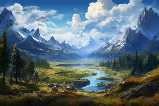 A Journey Through Nature: A Vibrant Colorful  Panoramic Painting of a Majestic Mountainous Landscape with a River (Wallpaper)