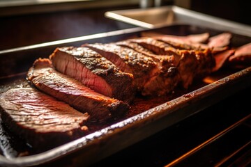 thick-cut beef brisket slices an oven tray