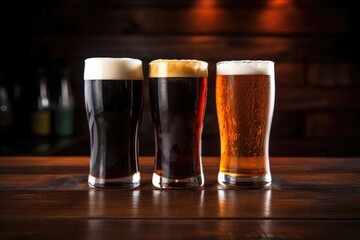 a trio of contrasting beer types: lager, stout, and ale
