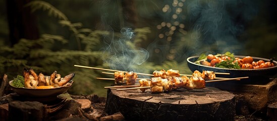Forest outdoor cooking pancakes roasted chicken and chicken skewers - obrazy, fototapety, plakaty