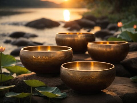 singing bowls, meditation and lotuses, crystals.