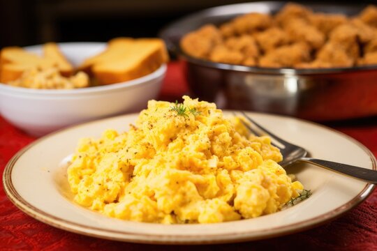 sausage links next to scrambled eggs and toast