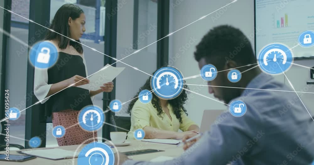 Poster animation of icons connected with lines over diverse coworkers discussing reports in office