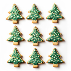 Top Down Photograph, Christmas Tree Cookies Isolated on a White Background, Generative AI