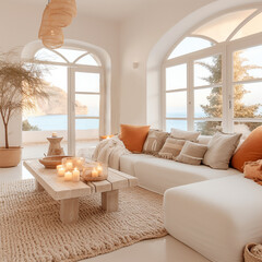 modern living room with sofa, mediterranean style, white and orange colors - 658095496