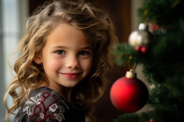 Portrait of a beautiful little girl on the background of the Christmas tree