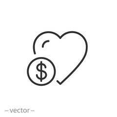 heart with dollar coin icon, love money, charity or donation concept, thin line symbol on white background - vector illustration