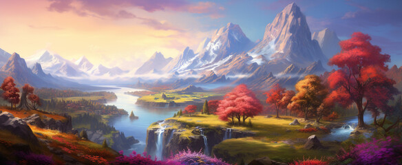 A Journey Through Nature: A Vibrant Colorful  Panoramic Painting of a Majestic Mountainous Landscape with a River (Wallpaper)
