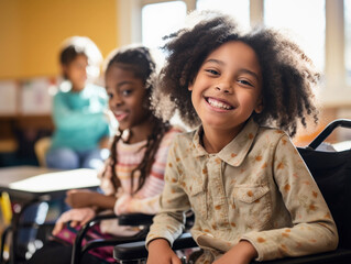 African American schoolgirl sitting in wheelchair at elementary school