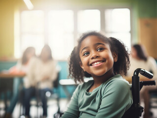African American schoolgirl sitting in wheelchair at elementary school