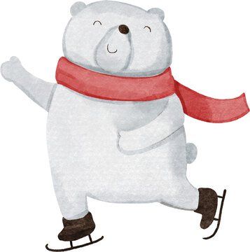 Polar bear with winter costume is playing ice skate . Christmas concept . Watercolor paint cartoon characters . PNG .