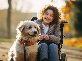 young smiling  girl with disabilities on wheelchair with dog in autumn park.