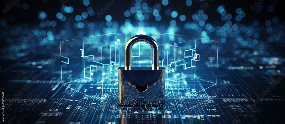 Poster data protection and privacy are represented by a large padlock above a polygon while a smaller binar