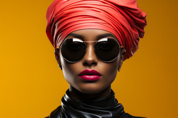 Bold black skin model with neon pink headpiece against vibrant yellow background.