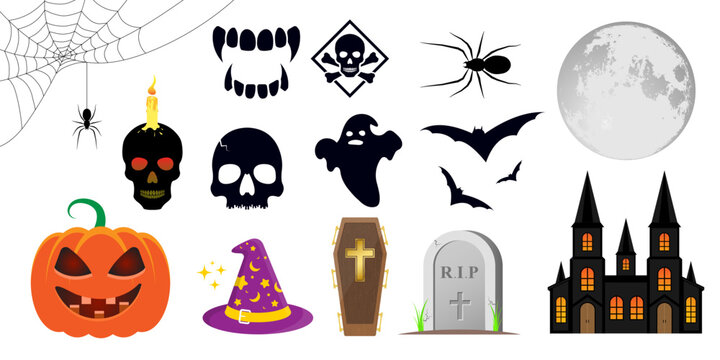 Collection of halloween silhouettes icon and character Full moon spider skull pumpkin hat grave castle cofin teeth spider web vector illustration