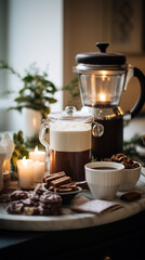 Obraz na płótnie Canvas Warming hot cocoa cup. Winter hot chocolate station aesthetic. Cozy cocoa bar drinks with cinnamon and cookies on kitchen table.