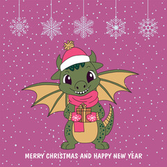 Christmas card with a cute green dragon symbol of 2024. Funny green dragon with a gift. Merry Christmas and Happy New Year card. Vector. Vector illustration. Vector illustration