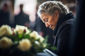 Portrait of a sad woman with a funeral bouquet of flowers - obrazy, fototapety, plakaty