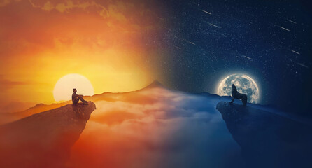 Equinox concept with sunrise against moonrise scene. Silhouettes of a person and a wolf on the edge...