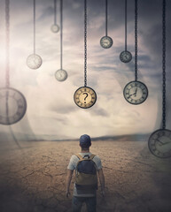 Different hour concept with a person lost in time walking a desolate land stands in front of multiple hanging down clocks has to choose the right moment in life - obrazy, fototapety, plakaty