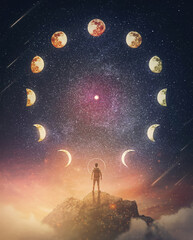 Lunar eclipse and moon phases circle on the night sky and a curious person watching the mysterious phenomena. Astrological signs annual calendar, conceptual scene - obrazy, fototapety, plakaty
