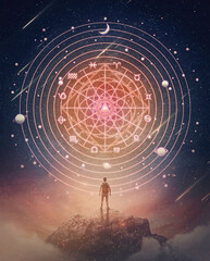 Marvelous scene with a person on the top of a mountain watching the astrological wheel projection on the starry night sky. Zodiac signs, magical horoscope symbols