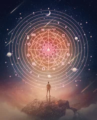 Cercles muraux Montagnes Marvelous scene with a person on the top of a mountain watching the astrological wheel projection on the starry night sky. Zodiac signs, magical horoscope symbols