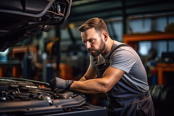 Car mechanic working in auto repair shop. Handsome young man in uniform working with car engine
