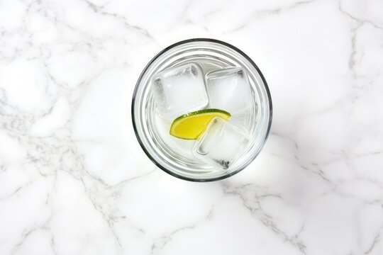 An Overhead View Of A Gin And Tonic On A White Marble Countertop